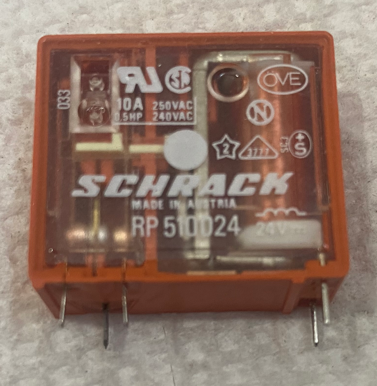 Schrack RP510024 Relay. Coil 24 VDC, 10 A, 250 VAC